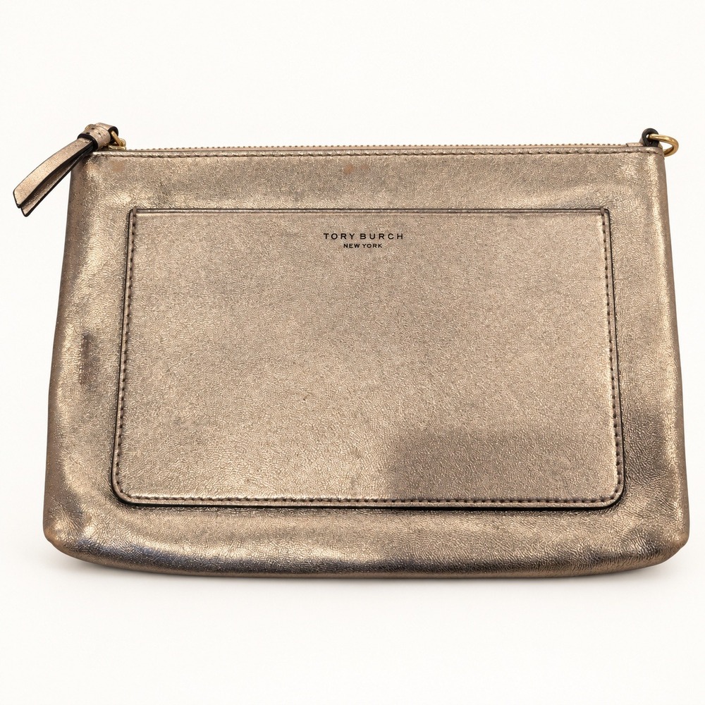 Tory Burch Emerson Clutch OS Gold Metallic Leather Zip Pouch Card Slots Glam